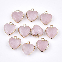 Honeyhandy Electroplate Natural Rose Quartz Pendants, with Cadmium Free & Nickel Free & Lead Free Iron Findings, Faceted, Heart, Golden, 16~17x14~15x6~7mm, Hole: 1.8mm