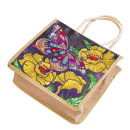 Honeyhandy DIY Linen Handbag Diamond Painting Kits, Reusable Shopping Tote Craft, Butterfly Pattern, Handbag: 260x260x110mm