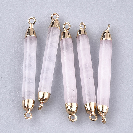Honeyhandy Electroplate Natural Rose Quartz Links connectors, with Iron Findings, Column, Golden, 44~45x5mm, Hole: 1.8mm