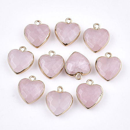 Electroplate Natural Rose Quartz Pendants, with Iron Findings, Faceted, Heart, Golden, 16~17x14~15x6~7mm, Hole: 1.8mm