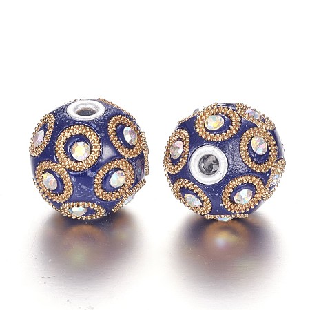 Round Handmade Indonesia Beads, with Rhinestones and Silver Plated Alloy Cores, Dark Blue, 23x21mm, Hole: 3mm