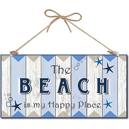 CREATCABIN The Beach is My Happy Place Decorative Wood Sign Home Decor Wood Sign Plaque Hanging Wall Art Wood Board Door Sign for Yard Office Home Kitchen Front Door Patio Decoration 12 x 6inch