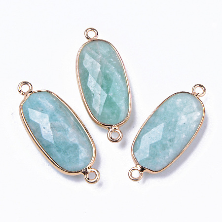 Honeyhandy Natural Amazonite Links Connectors, with Light Gold Plated Edge Brass Loops, Oval, Faceted, 27x11x5.5mm, Hole: 2mm