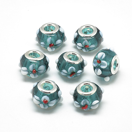 Honeyhandy Handmade Lampwork European Beads, Bumpy Lampwork, with Platinum Brass Double Cores, Large Hole Beads, Rondelle with Flower, Teal, 16x14x10.5mm, Hole: 5mm