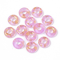 Honeyhandy Transparent Spray Painted Glass European Beads, Large Hole Beads, with Golden Foil, Donut, Hot Pink, 11x3mm, Hole: 4mm