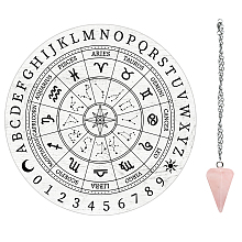 AHANDMAKER 12 Astrological Sign Constellation Pendulum Board Set, Wood Dowsing Divination Board White Metaphysical Message Board with Crystal Pendulum Necklace for Witchcraft Wicca Altar Supplies Kit