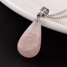 Honeyhandy Teardrop Platinum Tone Brass Rose Quartz Pendants, 24~26x13mm, Hole: 5x8mm