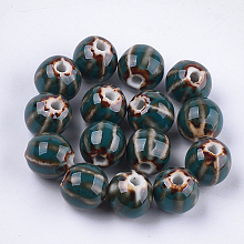 Honeyhandy Handmade Porcelain Beads, Fancy Antique Glazed Porcelain, Round, Teal, 11~12x10~11x10~10.5mm, Hole: 2~2.5mm