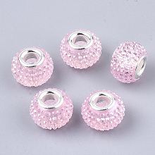 Honeyhandy Resin Rhinestone European Beads, Large Hole Beads, with Platinum Tone Brass Double Cores, AB Color, Rondelle, Berry Beads, Pink, 14x10mm, Hole: 5mm