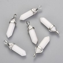 Honeyhandy Natural White Jade Double Terminated Pointed Pendants, with Random Alloy Pendant Hexagon Bead Cap Bails, Bullet, Platinum, 36~45x12mm, Hole: 3x5mm, Gemstone: 10mm in diameter