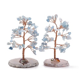 Honeyhandy Natural Aquamarine Chips & Agate Pedestal Display Decorations, Tree of Life Healing Stone Tree, for Reiki Healing Crystals Chakra Balancing, Cadmium Free & Lead Free, 59~70x47~65x100~114mm