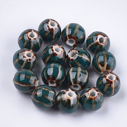 Honeyhandy Handmade Porcelain Beads, Fancy Antique Glazed Porcelain, Round, Teal, 11~12x10~11x10~10.5mm, Hole: 2~2.5mm