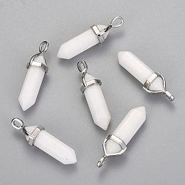 Honeyhandy Natural White Jade Double Terminated Pointed Pendants, with Random Alloy Pendant Hexagon Bead Cap Bails, Bullet, Platinum, 36~45x12mm, Hole: 3x5mm, Gemstone: 10mm in diameter