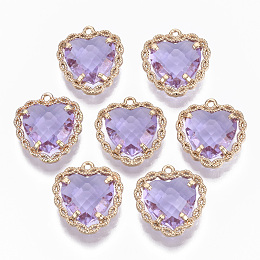 Honeyhandy Glass Pendants, with Brass Open Back Settings, Faceted, Heart, Light Gold, Lilac, 18x16~17x5.5mm, Hole: 1.2mm