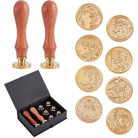 CRASPIRE Wax Seal Stamp Set, 8 Pieces Vintage Sealing Wax Stamps Copper Seals 2 Wooden Handle, Wax Stamp Kit for Wedding Invitations Cards Envelopes Wine Packages-Moon Theme