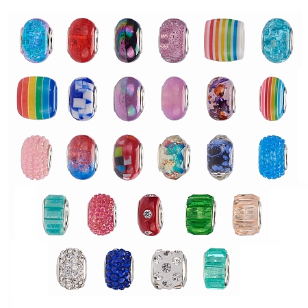 Arricraft Acrylic & Resin & Polymer Clay Rhinestone European Beads, Large Hole Beads, with Silver Color Core, Rondelle, Mixed Color, Beads: 13.5~14x8~10mm, Hole: 5mm, 54pcs/bag