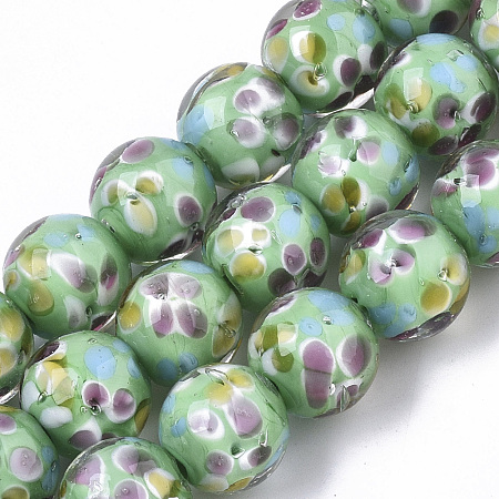 ARRICRAFT Handmade Lampwork Beads Strands, Inner Flower, Round, Light Green, 11.5~12.5x10.5~11.5mm, Hole: 1.4mm, about 45pcs/Strand, 19.69 inches~20.08 inches