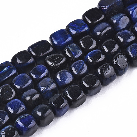 Natural Tiger Eye Beads Strands, Dyed, Cube, Blue, 7x7~8x7~8mm, Hole: 1mm, about 50~52pcs/strand, 14.57~14.96 inch(37~38cm)