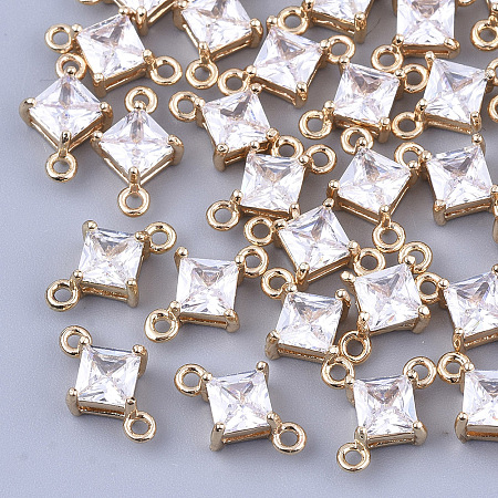 Honeyhandy Transparent Glass Links connectors, with Brass Findings, Faceted, Rhombus, Light Gold, Clear, 11x7x4mm, Hole: 1mm, Side Length: 5mm