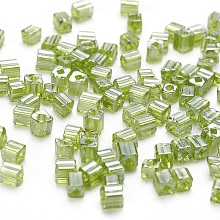 Honeyhandy 6/0 Glass Seed Beads, Transparent Colours Luster, Square Hole, Cube, Yellow Green, 3~5x3~4x3~4mm, Hole: 1.2~1.4mm, about 1000pcs/100g