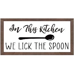 FINGERINSPIRE in This Kitchen We Lick The Spoon Art Sign Solid Wood Framed Block Sign Funny Farmhouse Decor Sign with Arylic Layer 13x7 Inch Large Hangable Wooden Frame for Home Decor