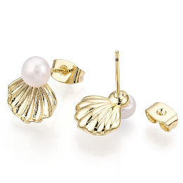 Honeyhandy Brass Shell Shape & Natural Pearl Stud Earrings, with 925 Sterling Silver Pins, Real 18K Gold Plated, 13x10.5mm, Pin: 0.8mm