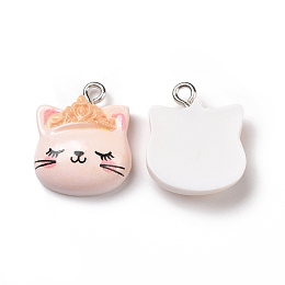 Honeyhandy Opaque Resin Pendants, with Platinum Tone Iron Loops, Animals Charm, Pink, Cat Pattern, 19x16x5.5mm, Hole: 2mm