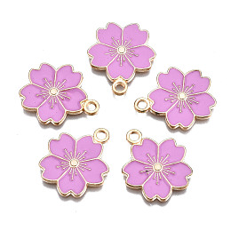 Honeyhandy Alloy Enamel Pendants, Sakura Flower, Light Gold, Violet, 20.5x17.5x1.5mm, Hole: 2mm