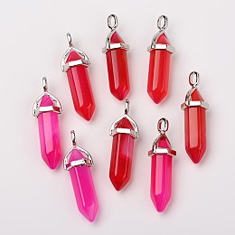 Honeyhandy Natural Agate Double Terminated Pointed Pendants, with Random Alloy Pendant Hexagon Bead Cap Bails, Bullet, Platinum, 37~40x12mm, Hole: 3mm