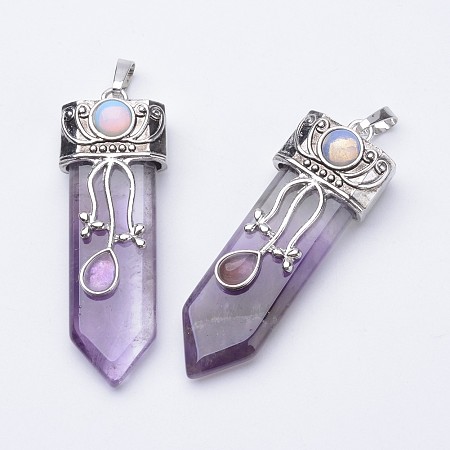 Honeyhandy Natural Amethyst Big Pointed Pendants, with Brass Finding, 57~61x15~20x10~14mm, Hole: 4x7mm