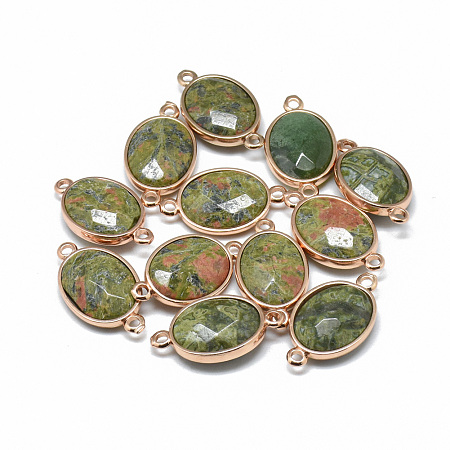 Honeyhandy Natural Unakite Links connectors, with Golden Tone Brass Findings, Faceted, Oval, 25x14x6~7mm, Hole: 2mm