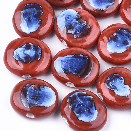 Honeyhandy Handmade Porcelain Beads, Fancy Antique Glazed Porcelain, Flat Round, Red, 23~24x24~27x9~10mm, Hole: 3mm