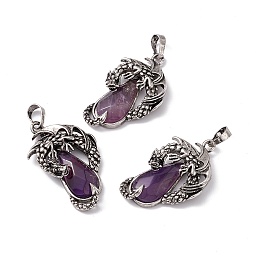 Honeyhandy Natural Amethyst Pendants, Faceted Teardrop Charms with Rack Plating Antique Silver Tone Brass Dragon, Cadmium Free & Lead Free, 39x23x8.5mm, Hole: 8x5mm