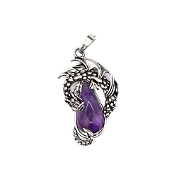 Honeyhandy Natural Amethyst Brass Pendants, Flying Dragon Charms with Faceted Teardrop Gems, Antique Silver, 38x22x6mm