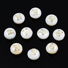 Honeyhandy Natural Freshwater Shell Beads, with Golden Plated Brass Etched Metal Embellishments, Flat Round with Letter, Seashell Color, Letter.H, 6x4mm, Hole: 0.8mm