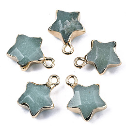 Honeyhandy Natural Green Aventurine Pendants, with Light Gold Plated Edge and Brass Loop, Star, Faceted, 16~17x13x6.5mm, Hole: 1.6mm