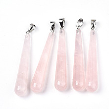 Honeyhandy Natural Rose Quartz Big Pendants, with Platinum Tone Iron Pinch Bail, Teardrop, 58.5~59.5x10mm, Hole: 4x6.5mm