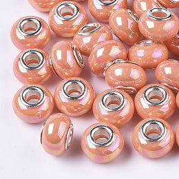 Honeyhandy Opaque Resin European Beads, Large Hole Beads, Imitation Porcelain, with Platinum Tone Brass Double Cores, AB Color, Rondelle, Dark Orange, 14x9mm, Hole: 5mm