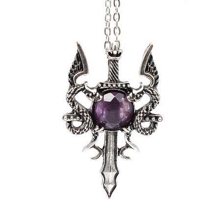 Honeyhandy Natural Amethyst Dragon Sword Pendant Necklace, Gothic Alloy Jewelry for Men Women, Antique Silver & Platinum, 19.69 inch(50cm)