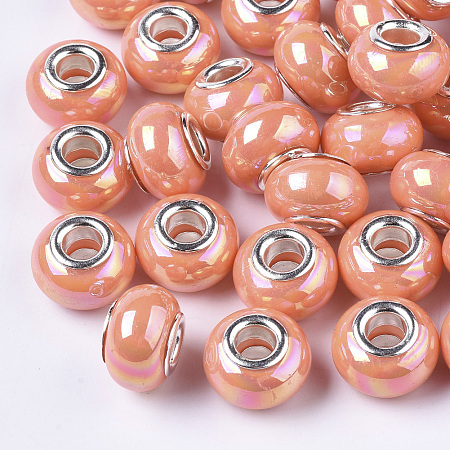 Honeyhandy Opaque Resin European Beads, Large Hole Beads, Imitation Porcelain, with Platinum Tone Brass Double Cores, AB Color, Rondelle, Dark Orange, 14x9mm, Hole: 5mm