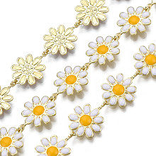 Honeyhandy Brass Flower Link Chains, with Enamel, Unwelded, Real 16K Gold Plated, White, 13.5~14x9.5~10x1mm