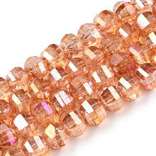 Honeyhandy Transparent Electroplate Glass Beads Strands, AB Color Plated, Faceted, Round, Sandy Brown, 8x7mm, Hole: 2mm, about 60pcs/strand, 14.96 inch(38cm)