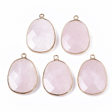 Honeyhandy Natural Rose Quartz Pendants, with Golden Plated Edge Brass Findings, Faceted, Oval, 25~26x17~18x5mm, Hole: 1.4mm