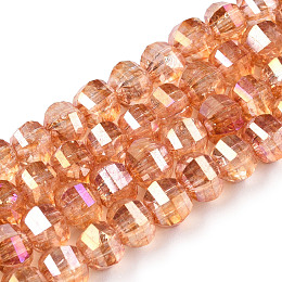 Honeyhandy Transparent Electroplate Glass Beads Strands, AB Color Plated, Faceted, Round, Sandy Brown, 8x7mm, Hole: 2mm, about 60pcs/strand, 14.96 inch(38cm)