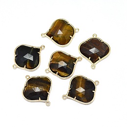 Honeyhandy Natural Tiger Eye Links connectors, with Golden Tone Brass Findings, Faceted, 26x21.5x5.5mm, Hole: 1.5~1.6mm