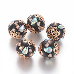 Honeyhandy Handmade Indonesia Rhinestone Beads, with Metal Findings, Round, Light Gold, Black, 17.5~21x18~19mm, Hole: 1.6mm