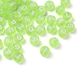 Honeyhandy Transparent Lawn Green Acrylic Beads, Horizontal Hole, Mixed Letters, Flat Round with White Letter, 7x4mm, Hole: 1.5mm, 100pcs/Bag