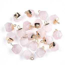 Honeyhandy Electroplate Natural Rose Quartz Charms, with Iron Findings, Faceted, Golden, 11~12x8x8mm, Hole: 1.5mm