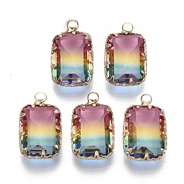 Honeyhandy K9 Glass Pendants, Imitation Tourmaline, with Golden Tone Brass Findings, Faceted, Rectangle, Colorful, 18~19x10.5x6mm, Hole: 2mm