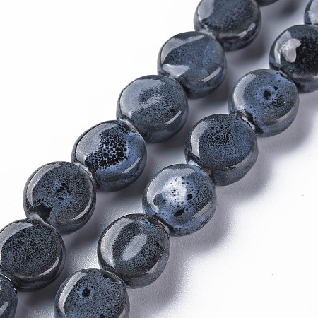 ARRICRAFT Handmade Porcelain Ceramic Beads Strands, Famille Rose Style, Flat Round, Midnight Blue, 12x7mm, Hole: 2mm, about 28~29pcs/strand, 12.28~12.72 inch(31.2~32.3cm)